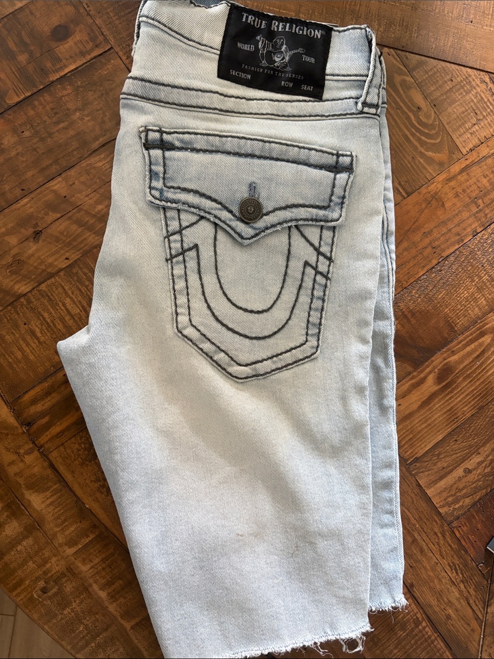 True Religion Light Blue Distressed Jean Shorts